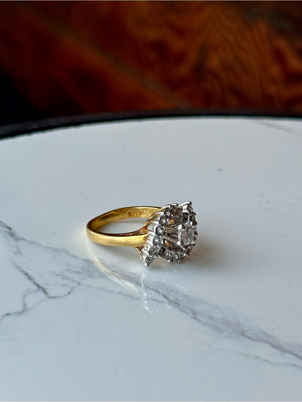 Vintage Gold Tone Swirl Halo CZ Cocktail Ring - Size 6 - Picture 3 of 9